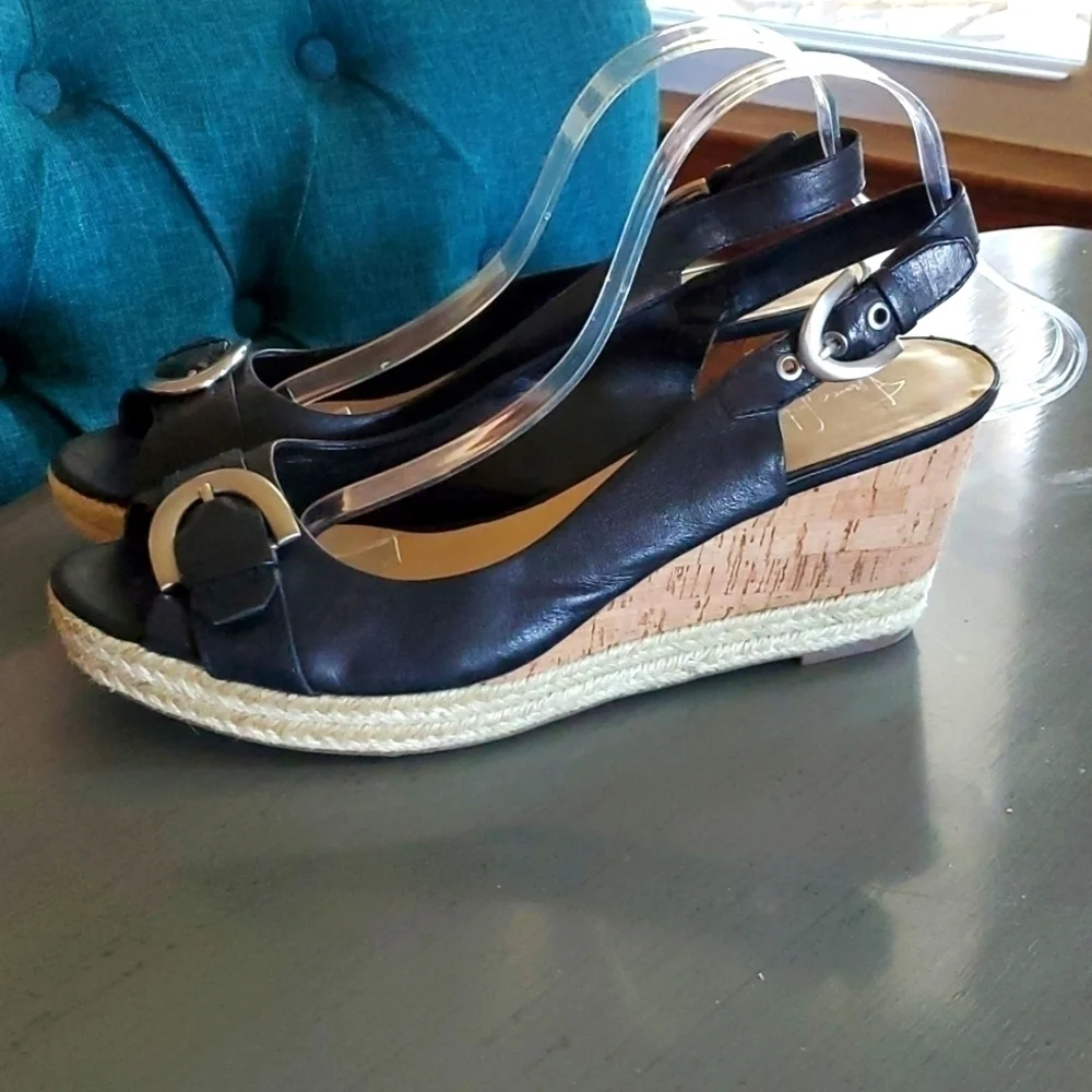 Franco Sarto- Black leather  peep toe slingback Cork Wedges sz.10.5